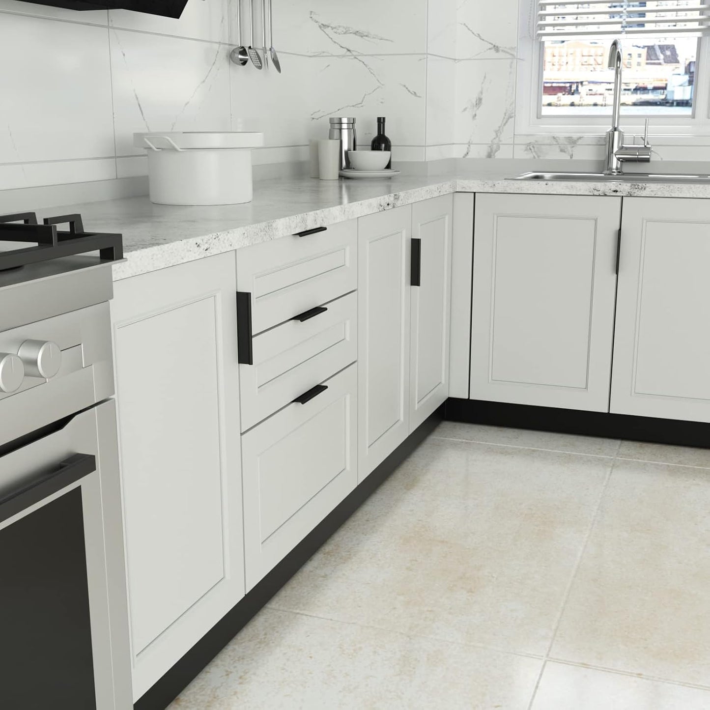 Black square aluminum cabinet edge pull, shown clearly installed on cabinetry in context