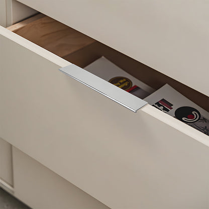 Silver square aluminum cabinet edge pull, pictured in one view mounted on a finished cabinet front