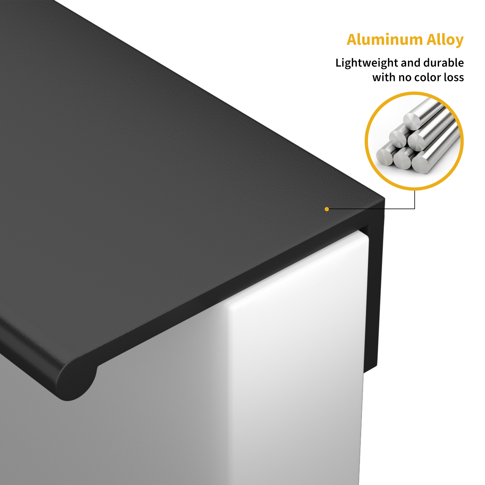 Square aluminum cabinet edge pull, shown clearly with its construction and finish visible