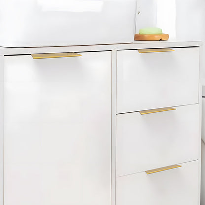 Brushed brass square aluminum cabinet edge pull, shown clearly with its installed position visible