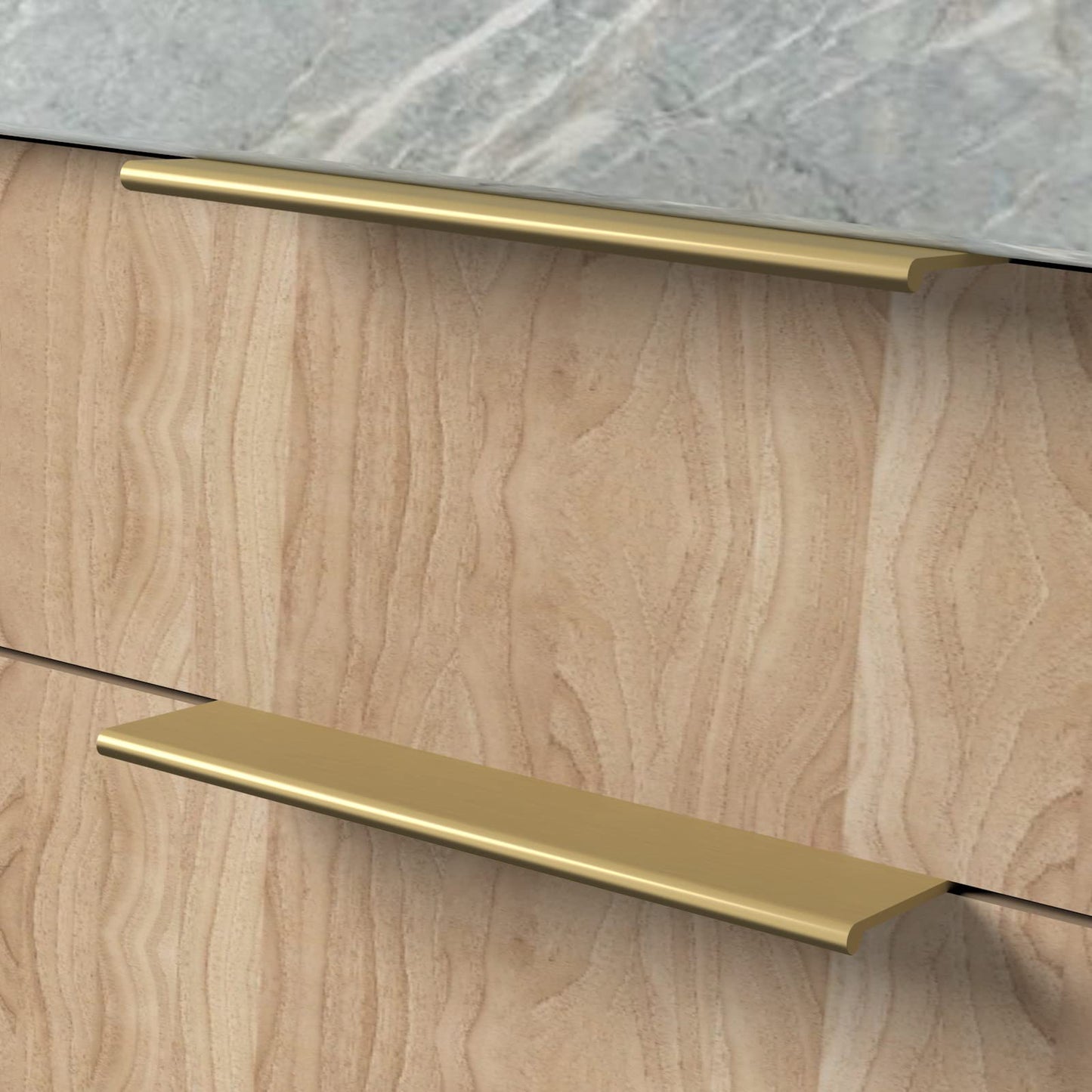 Brushed brass square aluminum cabinet edge pull, pictured in one view with its installed position visible