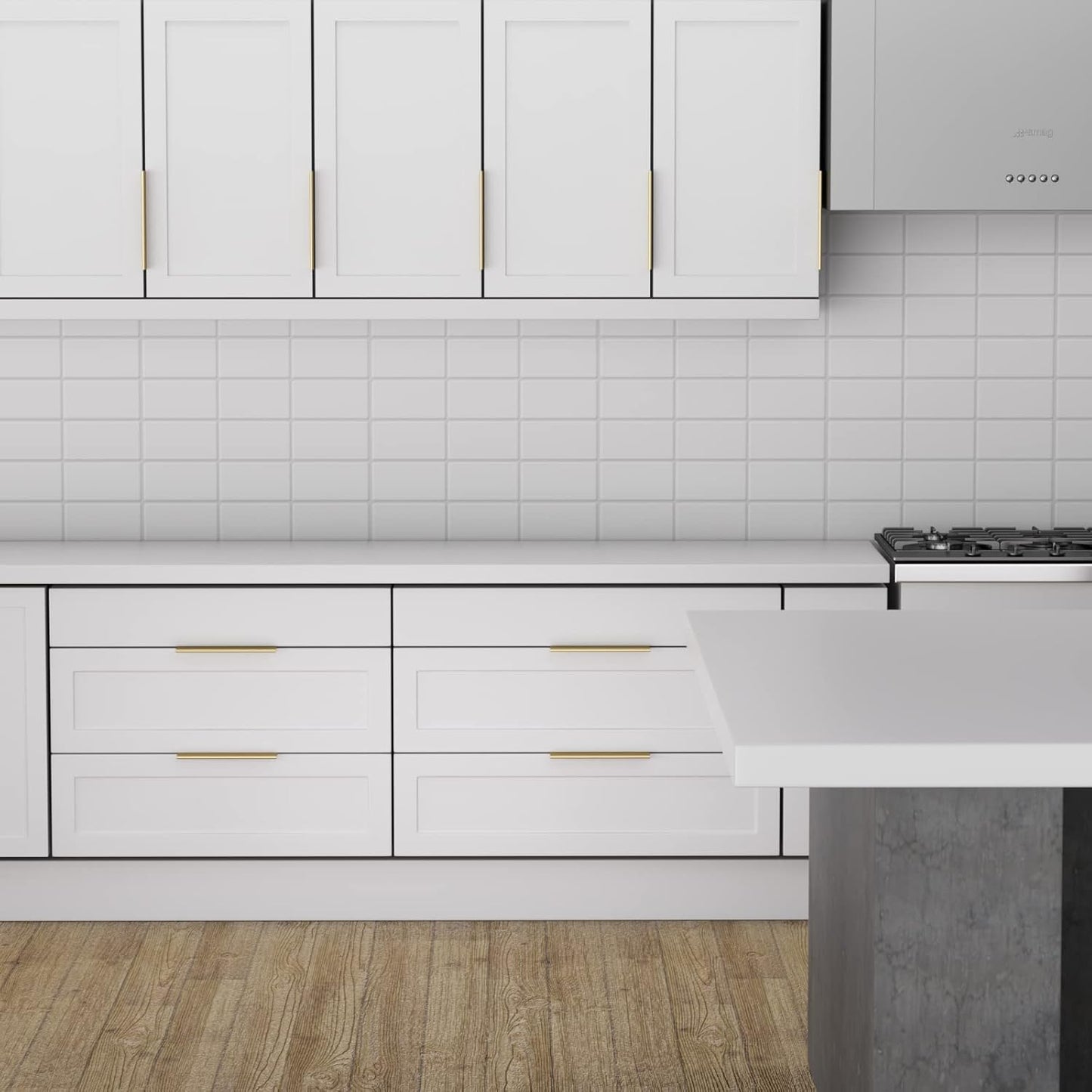 Brushed brass square aluminum cabinet edge pull, presented for reference with its installed position visible