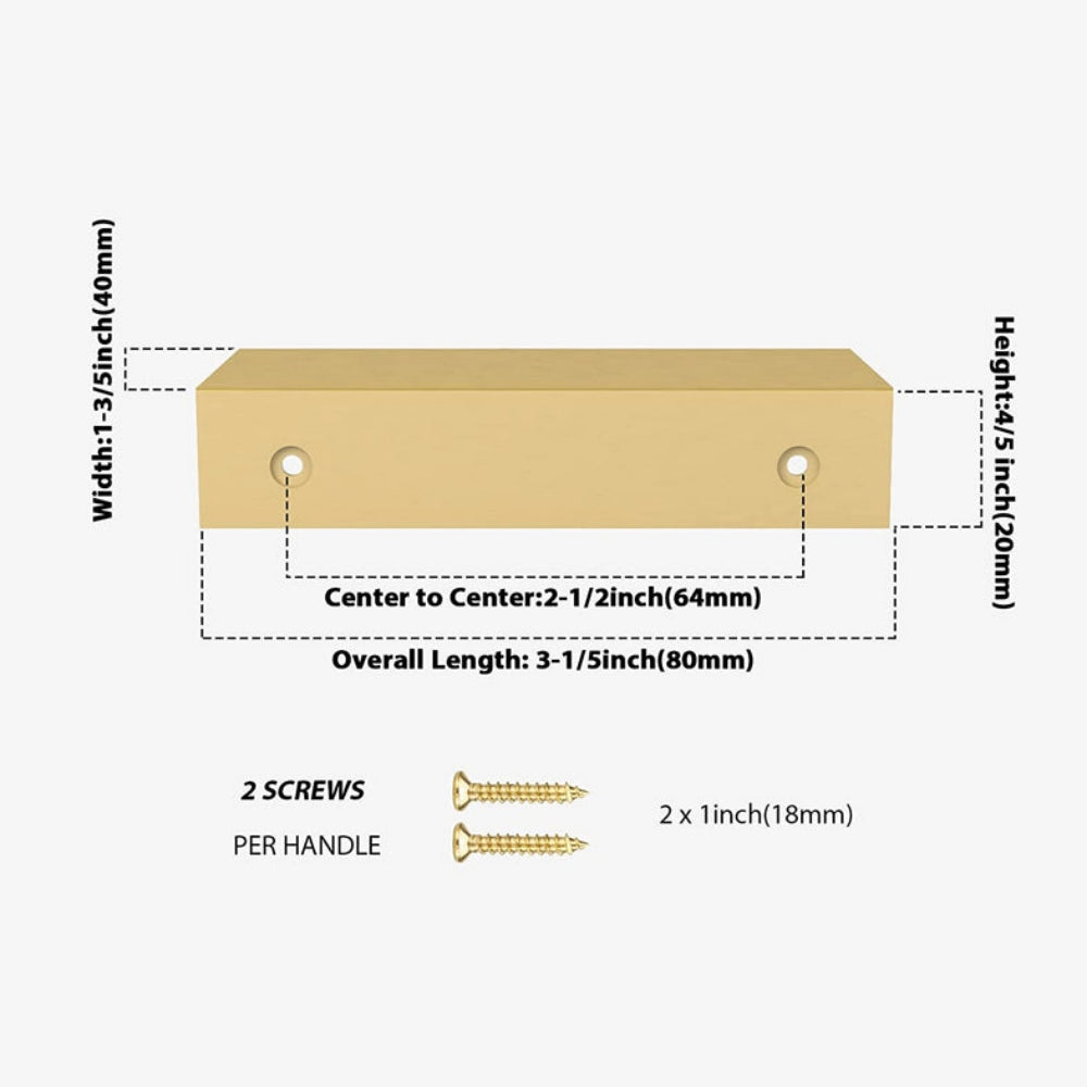 Square aluminum cabinet edge pull, pictured in one view with dimensions and centers labeled