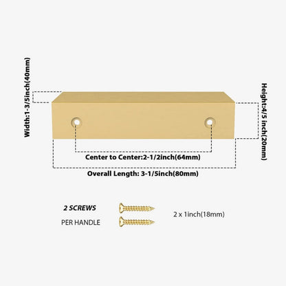 Square aluminum cabinet edge pull, pictured in one view with dimensions and centers labeled