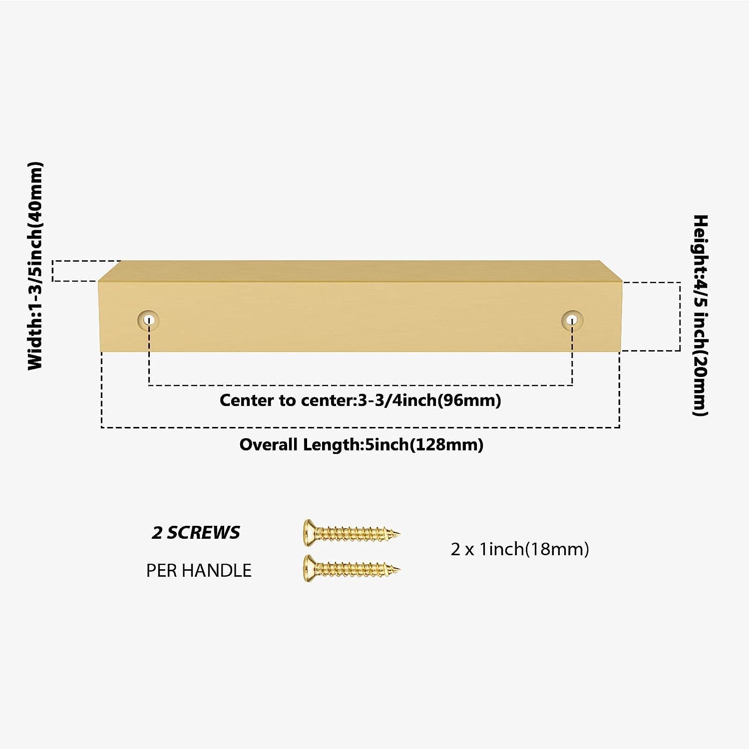 Square aluminum cabinet edge pull, shown at close range with dimensions and centers labeled