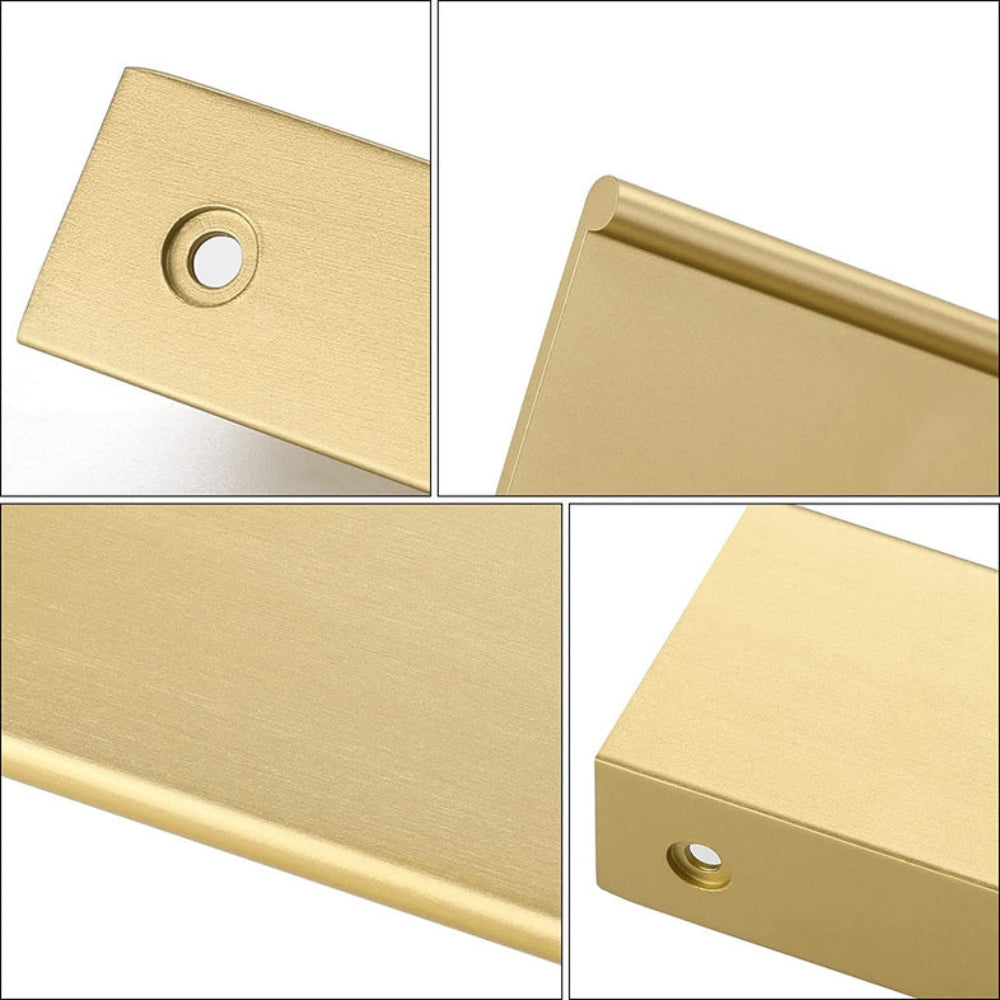 Square aluminum cabinet edge pull, pictured in one view with its construction and finish visible