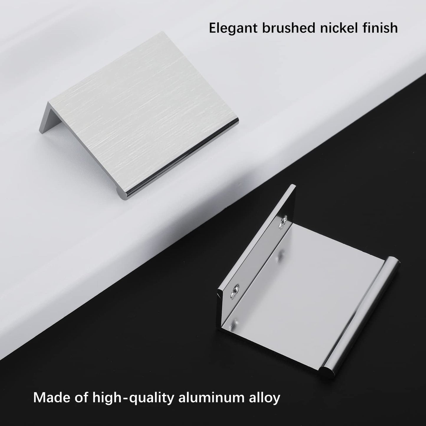 Square aluminum cabinet edge pull, presented for reference with its construction and finish visible