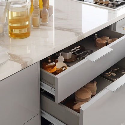 Silver square aluminum cabinet edge pull, displayed from the side with its installed position visible