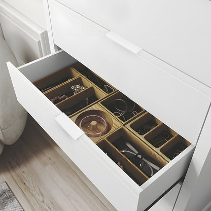 White square aluminum cabinet edge pull, pictured in one view against the cabinet surface for scale