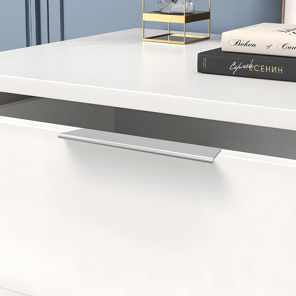 Silver square aluminum cabinet edge pull, shown from one angle with the finish and grip area visible