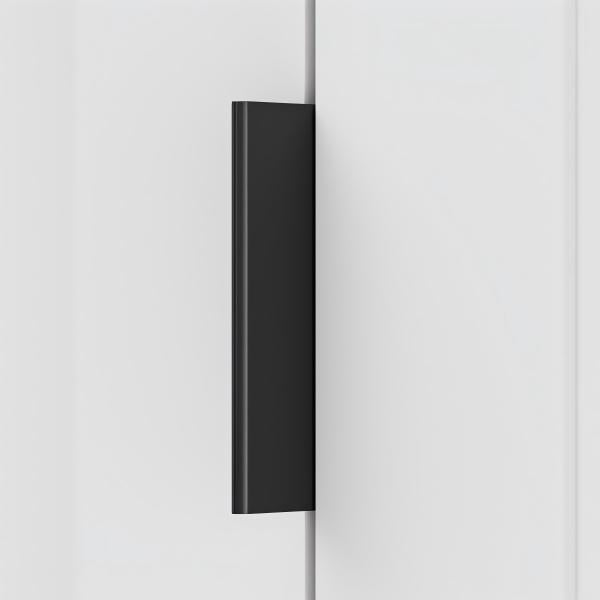 Square aluminum cabinet edge pull, shown from one angle in an installed cabinet close-up
