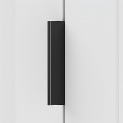 Square aluminum cabinet edge pull, shown from one angle in an installed cabinet close-up