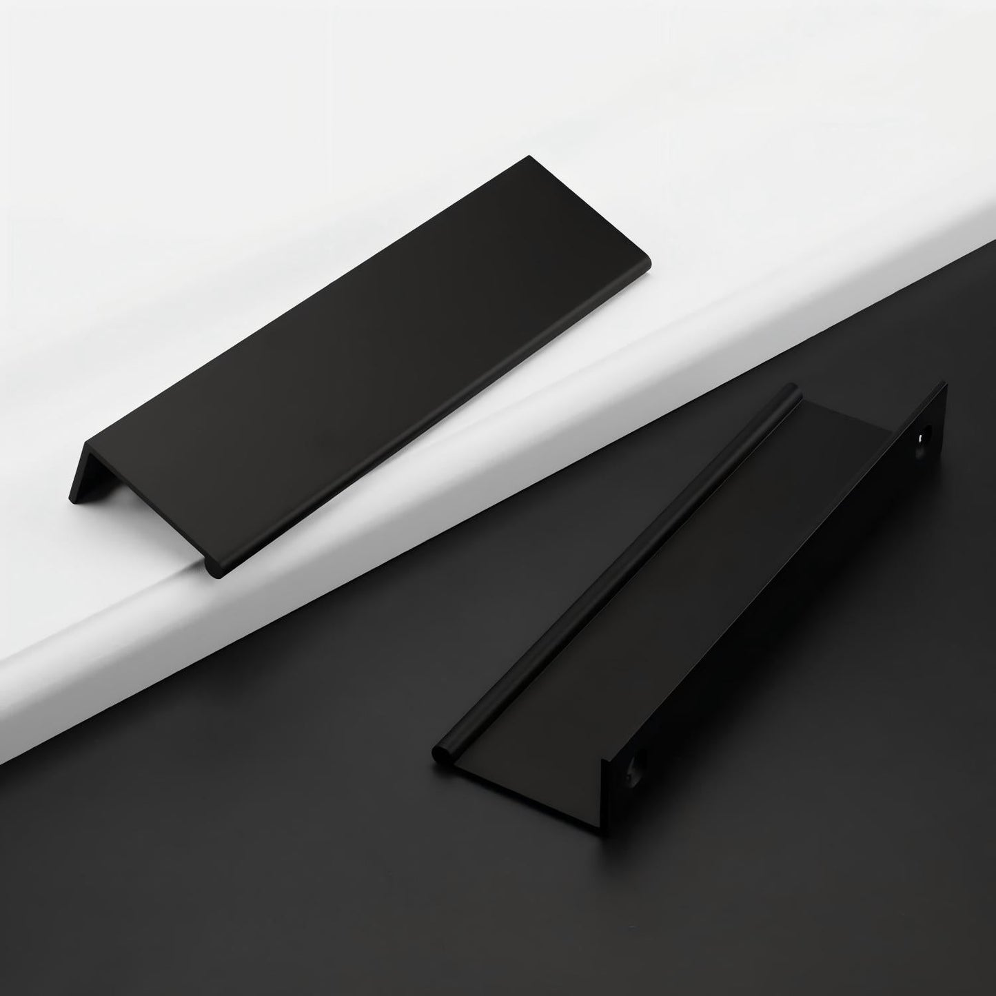 Black square aluminum cabinet edge pull, shown from one angle on a clean neutral background