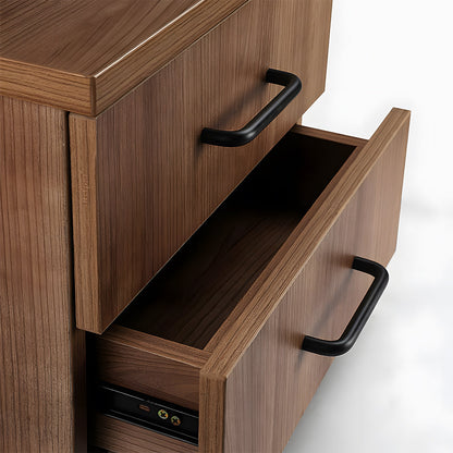 Rounded aluminum cabinet pull, shown at close range installed on cabinetry in context