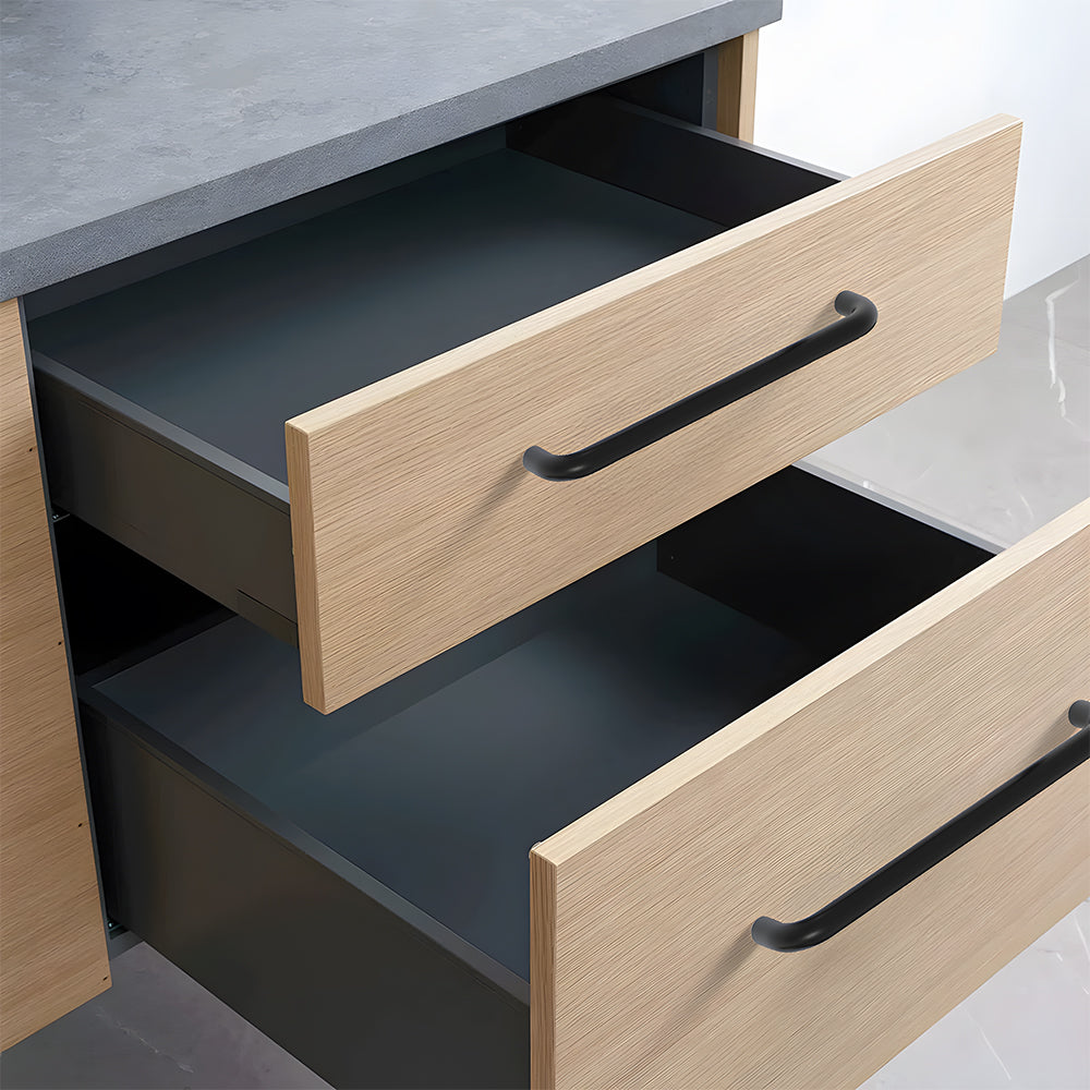 Rounded aluminum cabinet pull, shown in a focused view installed on cabinetry in context