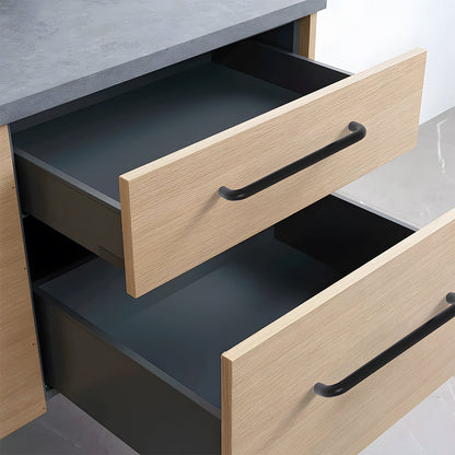Rounded aluminum cabinet pull, shown in a focused view installed on cabinetry in context