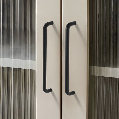 Black rounded aluminum cabinet pull, shown clearly mounted on a finished cabinet front