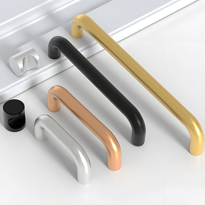 Rounded aluminum cabinet pull, shown from one angle as a color and finish lineup