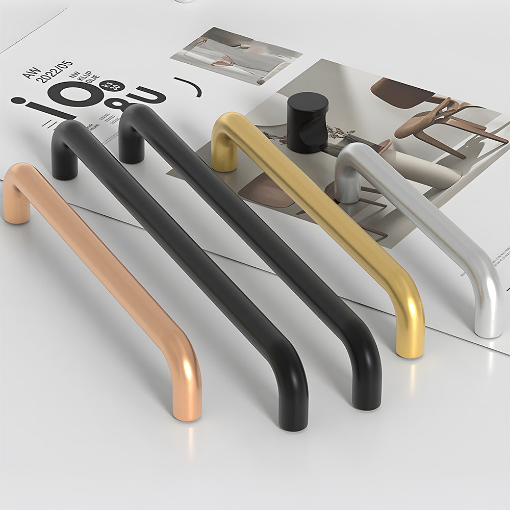 Rounded aluminum cabinet pull, pictured in one view as a color and finish lineup