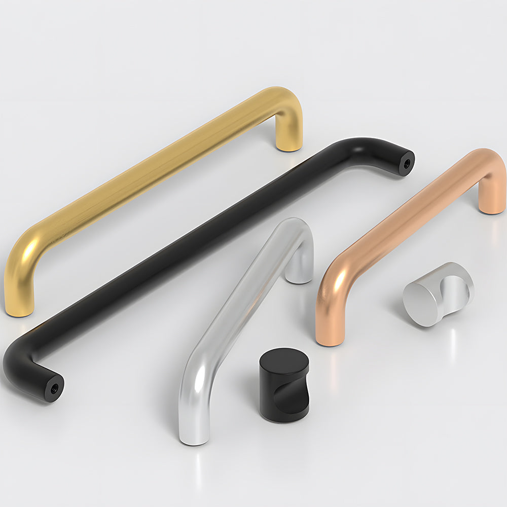 Rounded aluminum cabinet pull, presented for reference as a color and finish lineup