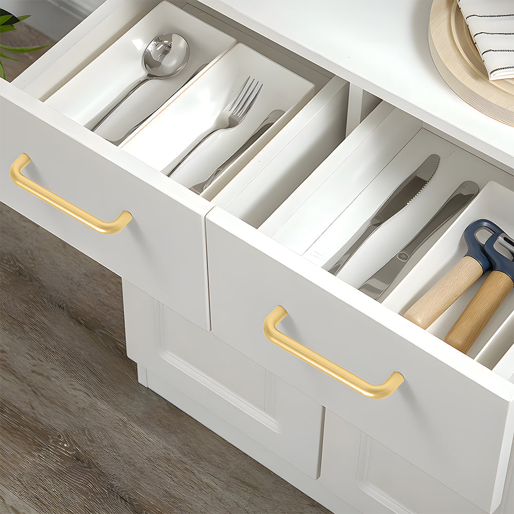 Gold rounded aluminum cabinet pull, shown clearly installed on cabinetry in context