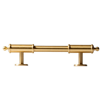 Antique brass round bar cabinet pull with matching T-knob, pictured in one view on a clean neutral background