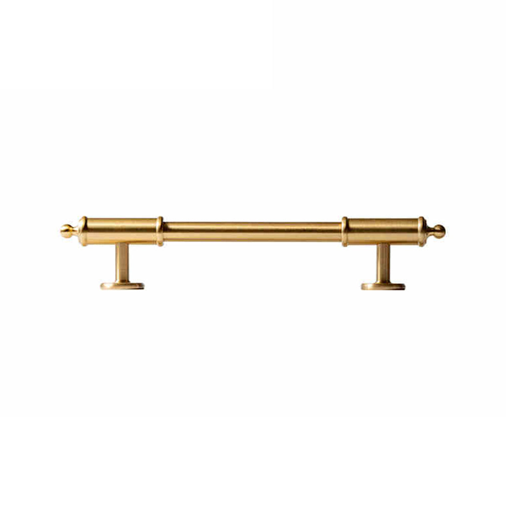 Antique brass round bar cabinet pull with matching T-knob, presented for reference on a clean neutral background
