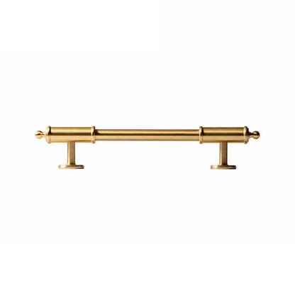 Antique brass round bar cabinet pull with matching T-knob, presented for reference on a clean neutral background