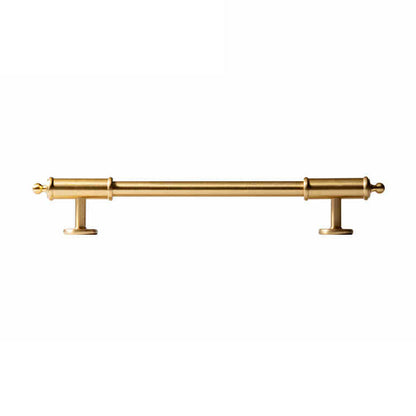 Antique brass round bar cabinet pull with matching T-knob, shown at close range on a clean neutral background