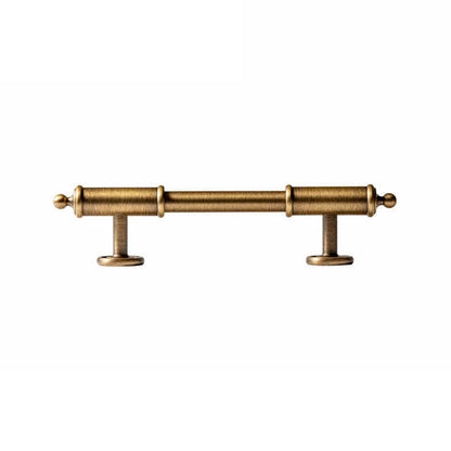 Antique brass round bar cabinet pull with matching T-knob, presented in another view on a clean neutral background