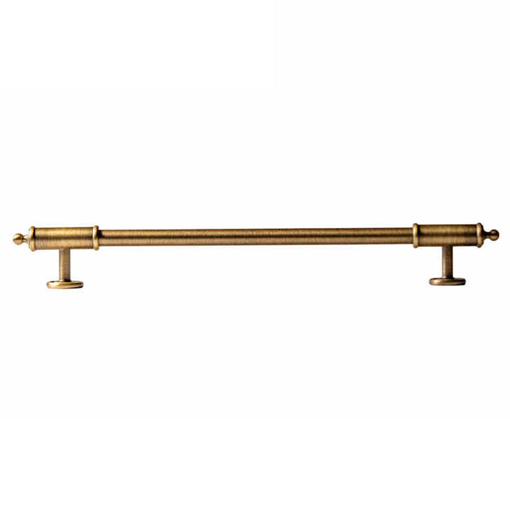 Antique brass round bar cabinet pull with matching T-knob, shown from one angle with its shape and finish visible