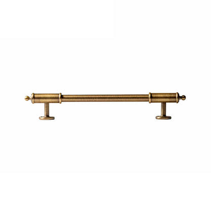 Antique brass round bar cabinet pull with matching T-knob, pictured in one view with its shape and finish visible