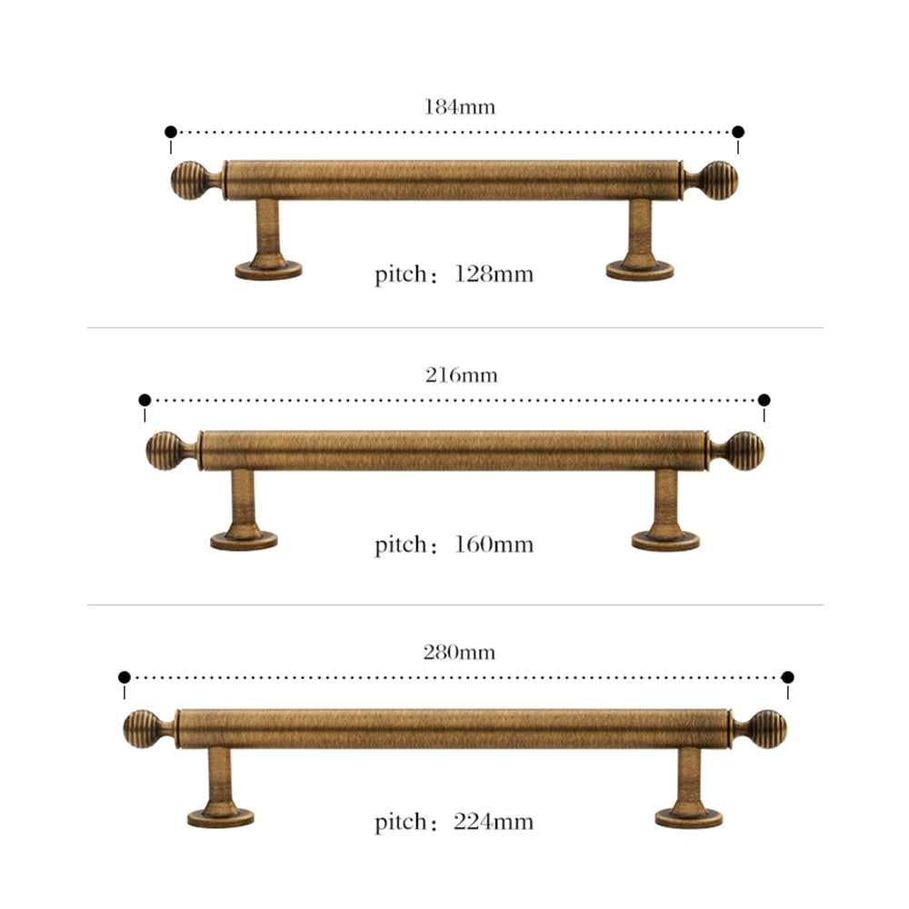 Antique bronze cabinet pull with matching ribbed knob, pictured in one view with dimensions and centers labeled