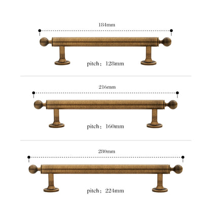Antique bronze cabinet pull with matching ribbed knob, pictured in one view with dimensions and centers labeled