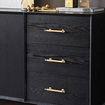 Antique bronze cabinet pull with matching ribbed knob, presented for reference installed on cabinetry in context