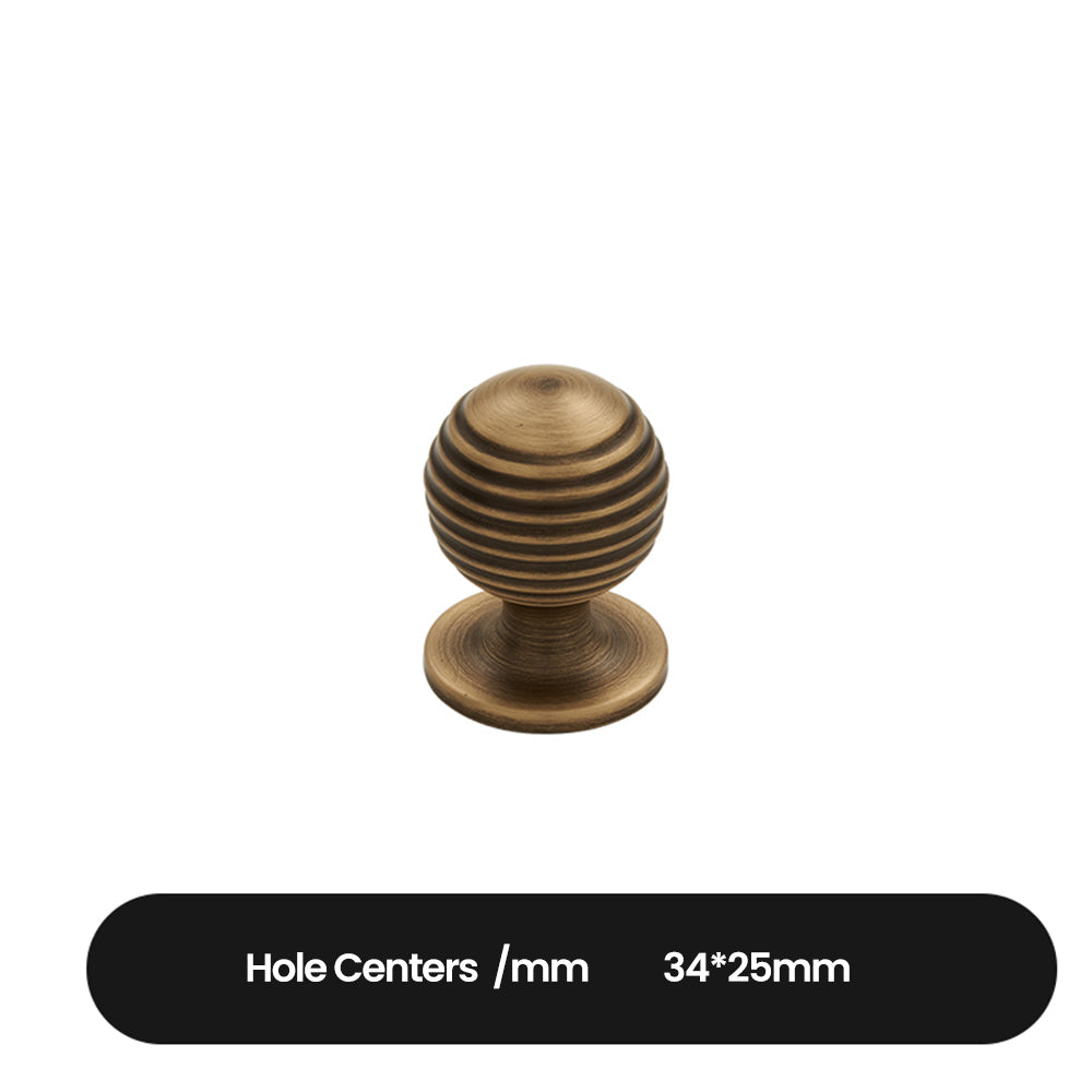 Antique bronze cabinet pull with matching ribbed knob, shown clearly with dimensions and centers labeled