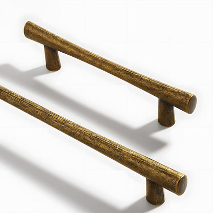 Antique bronze tapered bar cabinet pull and knobs, pictured in one view with related hardware in one display