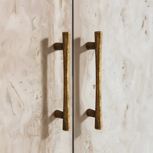 Antique bronze tapered bar cabinet pull and knobs, presented for reference installed on cabinetry in context