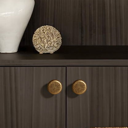 Antique bronze tapered bar cabinet pull and knobs, pictured in one view installed on cabinetry in context