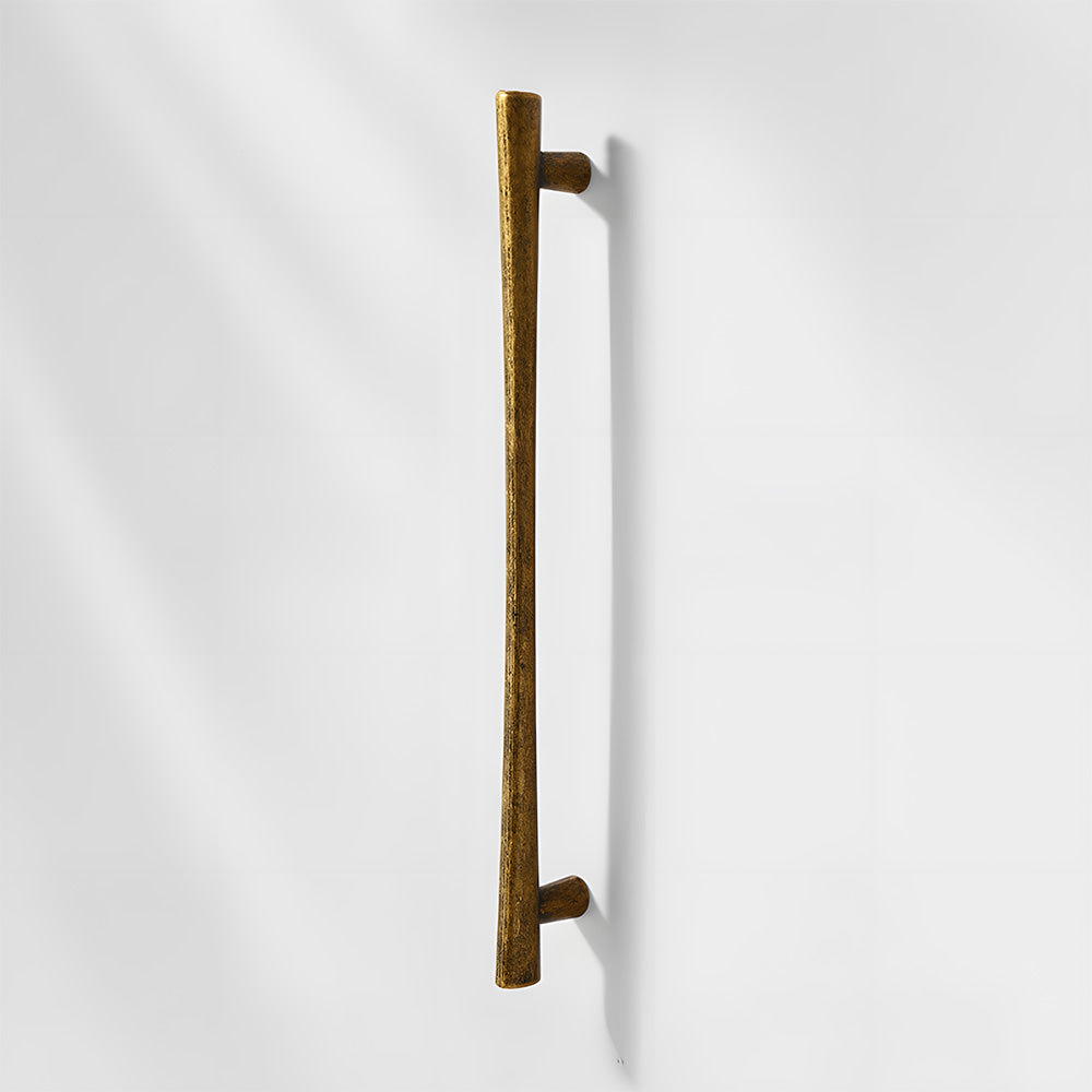 Antique bronze tapered bar cabinet pull and knobs, pictured in one view on a clean neutral background