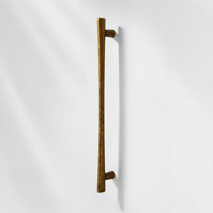 Antique bronze tapered bar cabinet pull and knobs, pictured in one view on a clean neutral background