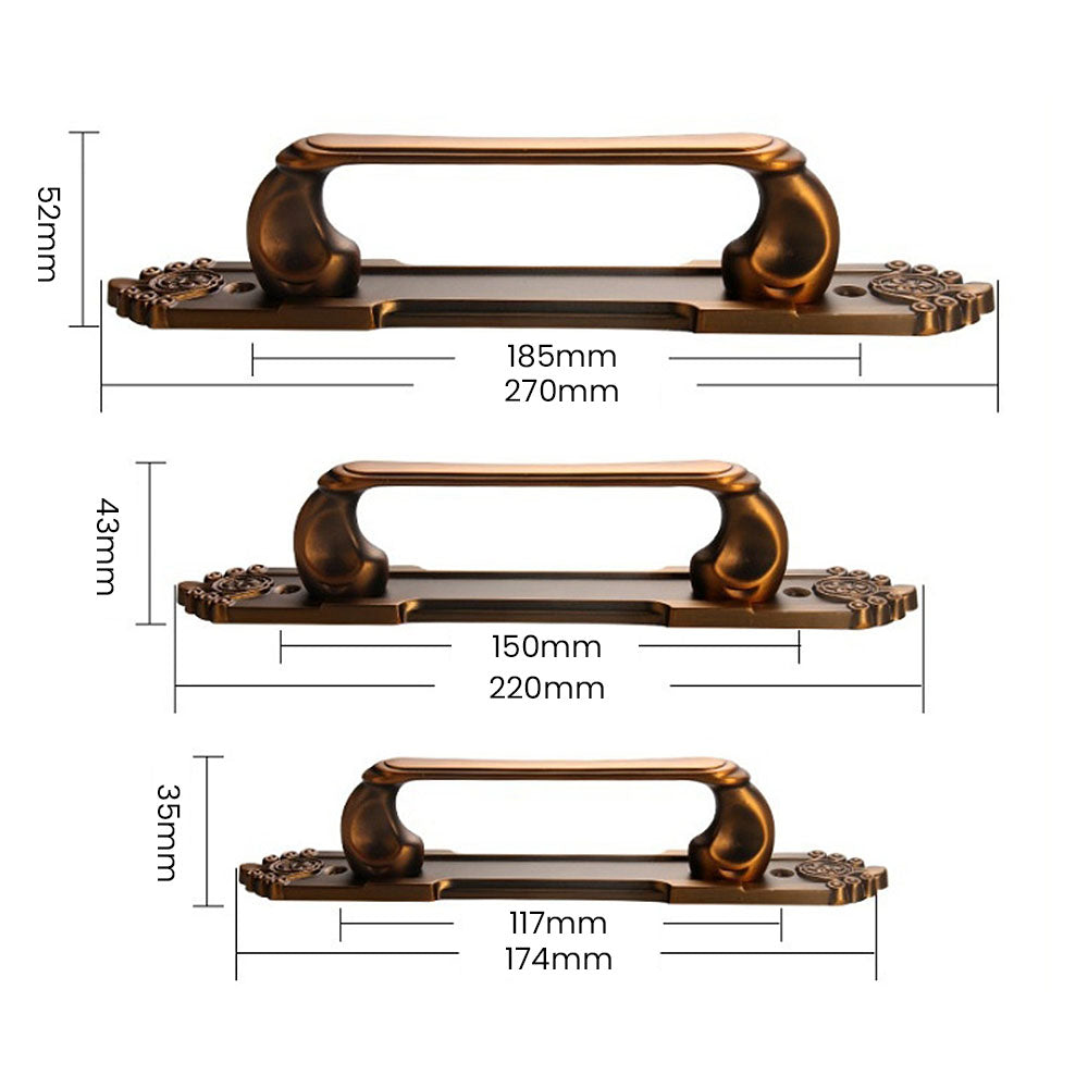 Antique bronze cabinet pull with decorative floral backplate, shown clearly with dimensions and centers labeled