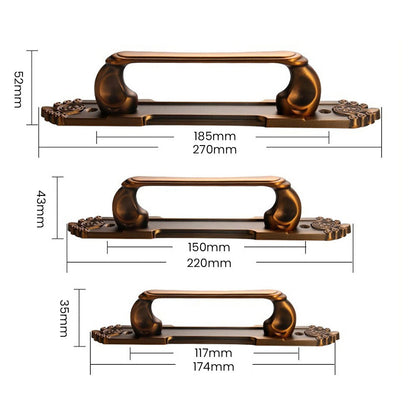 Antique bronze cabinet pull with decorative floral backplate, shown clearly with dimensions and centers labeled