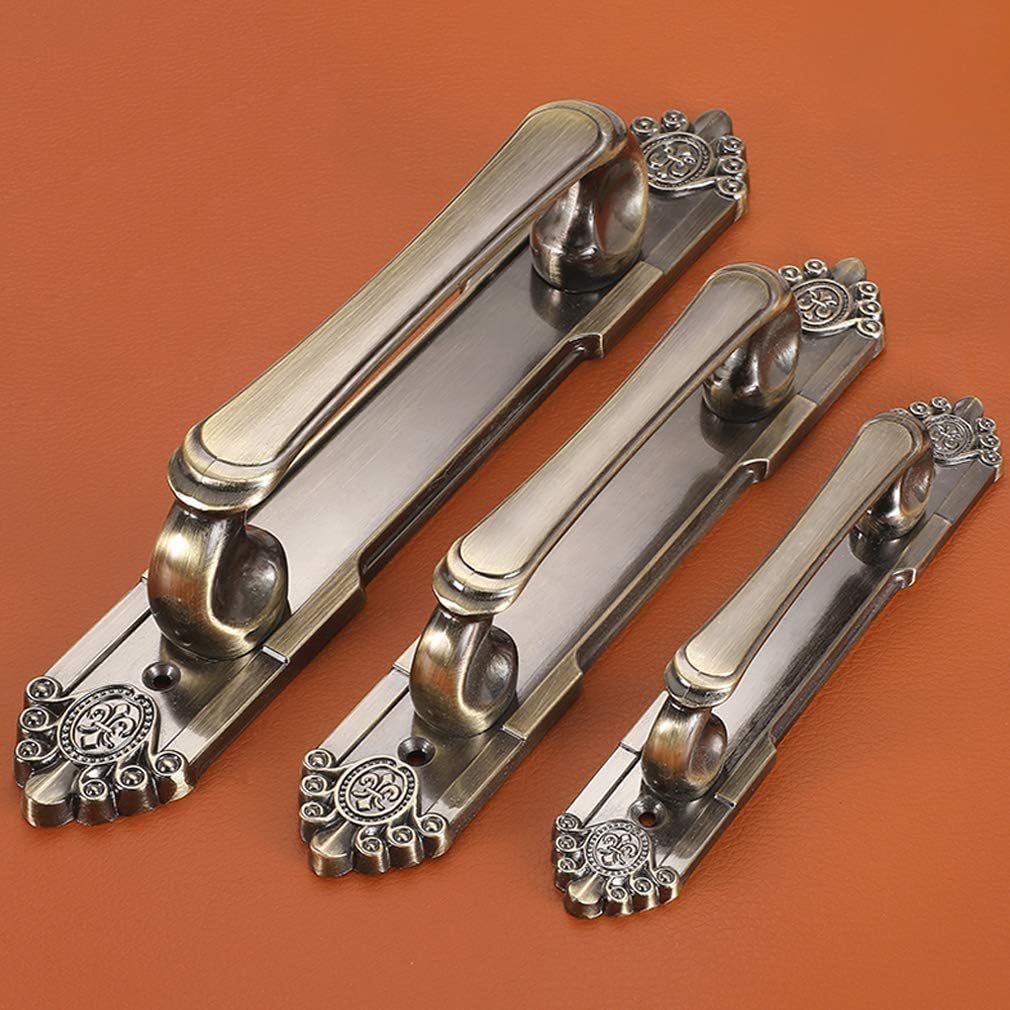 Antique bronze cabinet pull with decorative floral backplate, presented for reference as a color and finish lineup