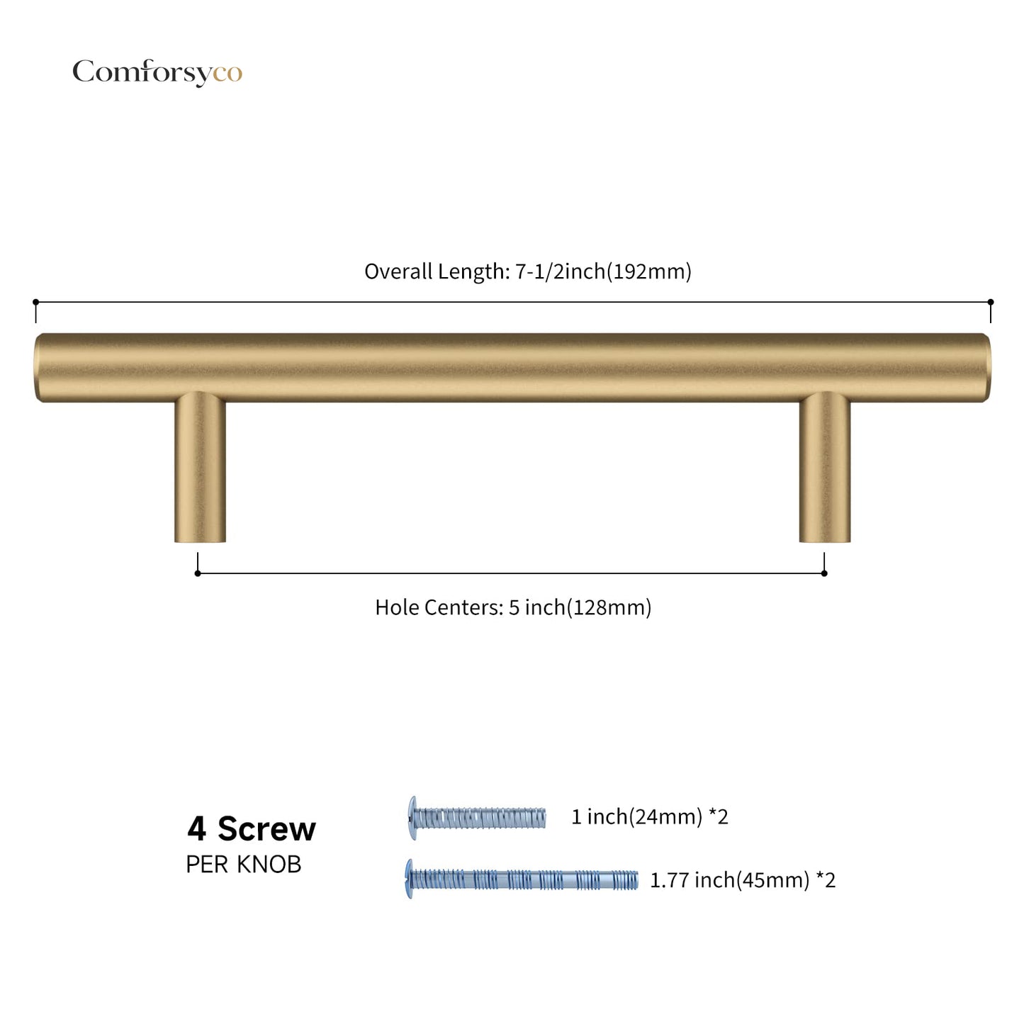 Round T-bar antique bronze cabinet pull, pictured in one view with dimensions and centers labeled