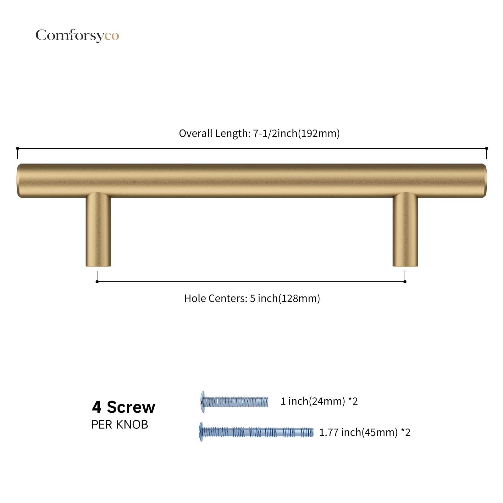 Round T-bar antique bronze cabinet pull, pictured in one view with dimensions and centers labeled