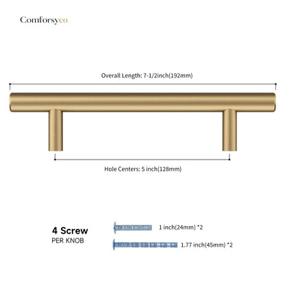Round T-bar antique bronze cabinet pull, pictured in one view with dimensions and centers labeled