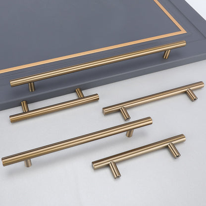 Round T-bar antique bronze cabinet pull, shown clearly with related hardware in one display