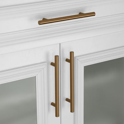 Round T-bar antique bronze cabinet pull, shown at close range installed on cabinetry in context