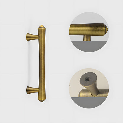 Antique bronze round bar cabinet pull, shown clearly with its construction and finish visible